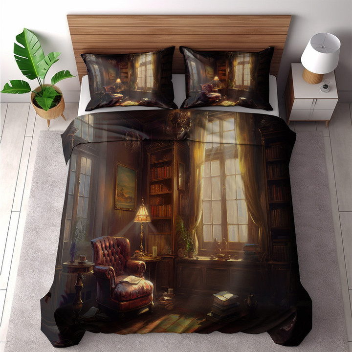 A Cozy Library Painting Printed Bedding Set Bedroom Decor Back To School Design