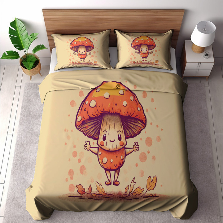 Adorable Mushroom Character Printed Bedding Set Bedroom Decor Botanical Design