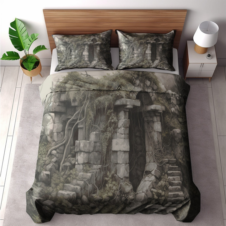 An Ancient Stone Ruin Printed Bedding Set Bedroom Decor Drawing Architecture Design