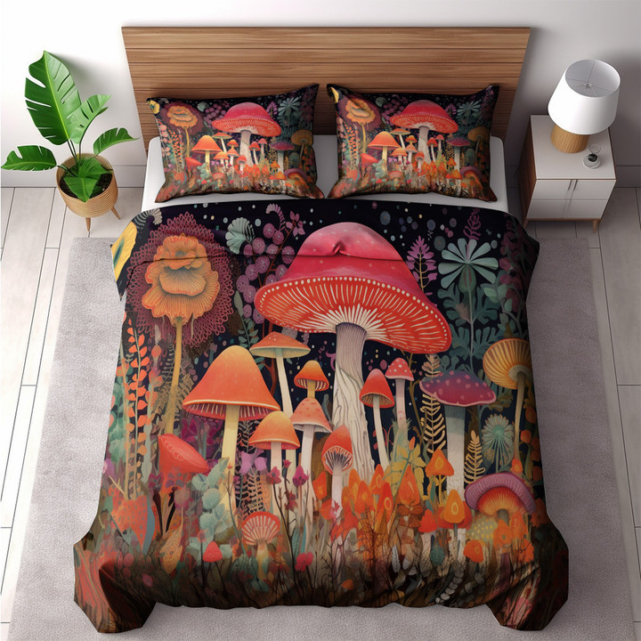 A Mushroom Garden Printed Bedding Set Bedroom Decor Botanical Design