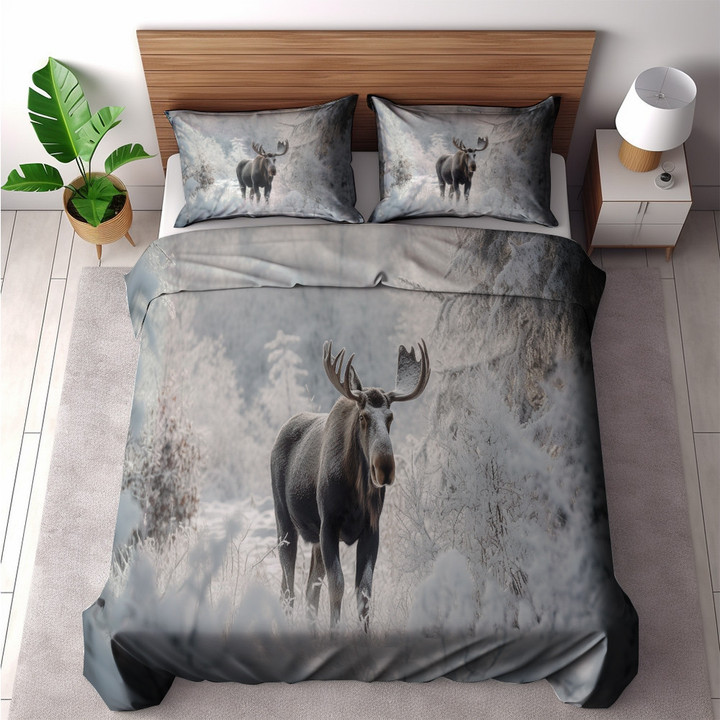 A Moose In A Snowy Landscape Printed Bedding Set Bedroom Decor Hunter View Hunting Design