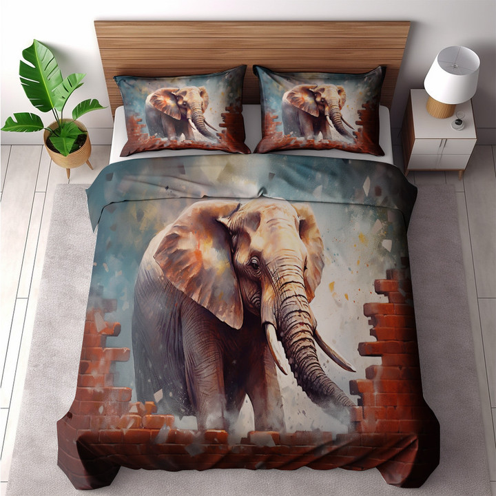 An Elephant Breaking Through A Wall Printed Bedding Set Bedroom Decor Watercolor Design