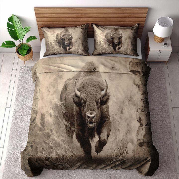 An American Bison Through A Broken Wall Printed Bedding Set Bedroom Decor Charcoal Drawing Design