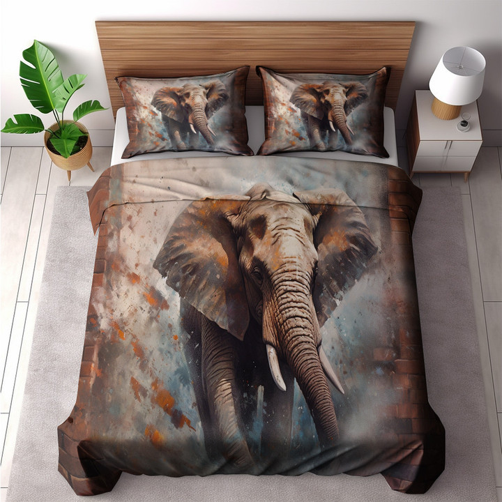 An Elephant Breaking Through Brick Wall Printed Bedding Set Bedroom Decor Oil Painting Design