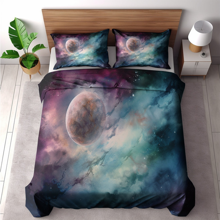 A Planet With Gentle Pastel Colors Printed Bedding Set Bedroom Decor Watercolor Galaxy Design