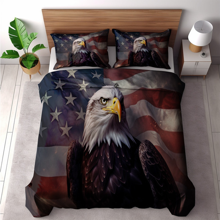 An Eagle Stands On American Flag Printed Bedding Set Bedroom Decor Patriotic Design