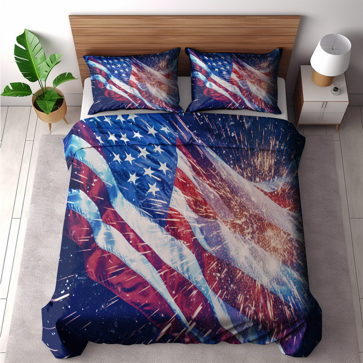 An American Flag With Fireworks Printed Bedding Set Bedroom Decor Patriotic Design