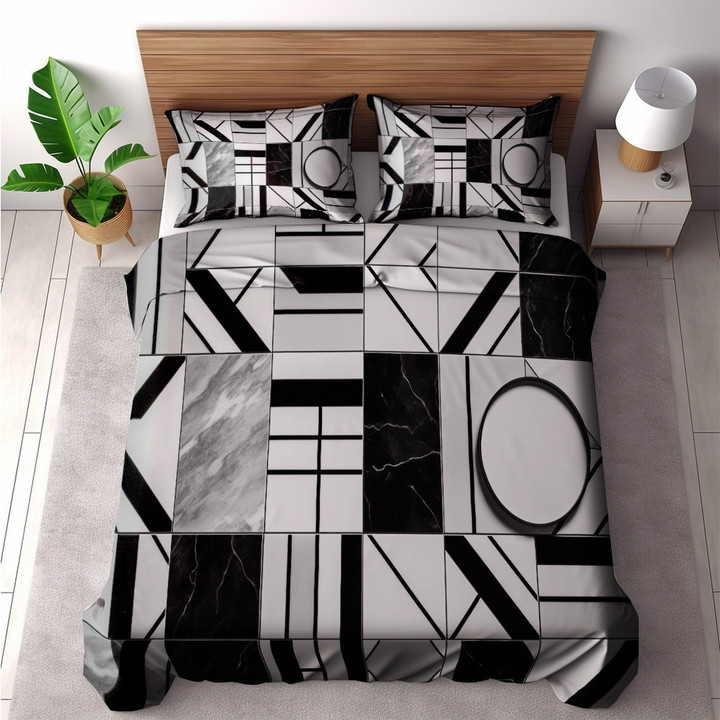 A Minimalist Black And White Printed Bedding Set Bedroom Decor Tile Pattern Design