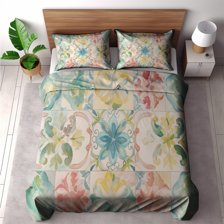 A Vintage Inspired Soft Color Printed Bedding Set Bedroom Decor Tile Pattern Design