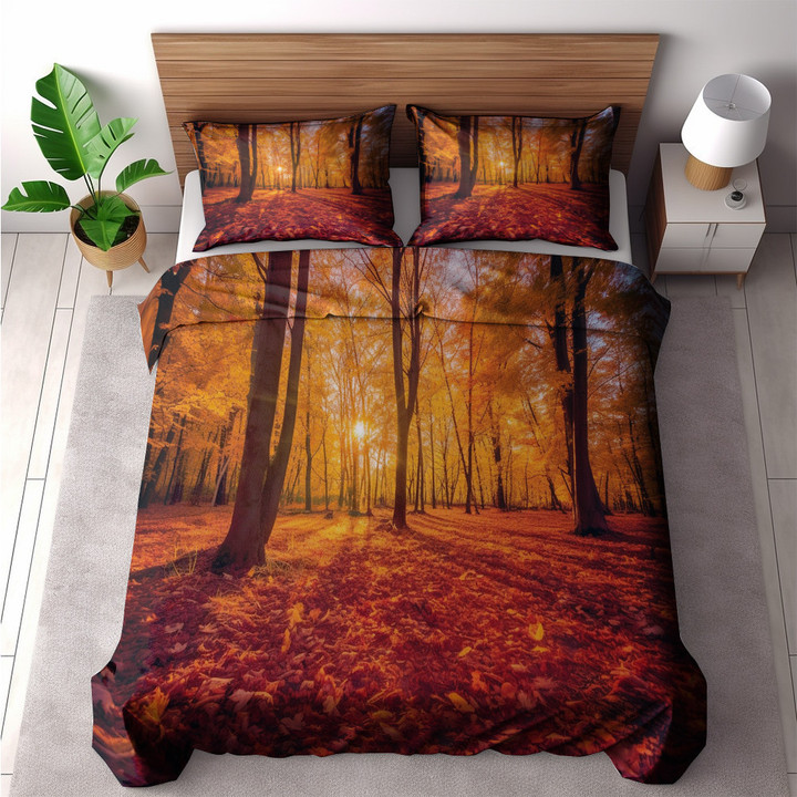A Vibrant Autumn Forest Printed Bedding Set Bedroom Decor Realistic Landscape Design