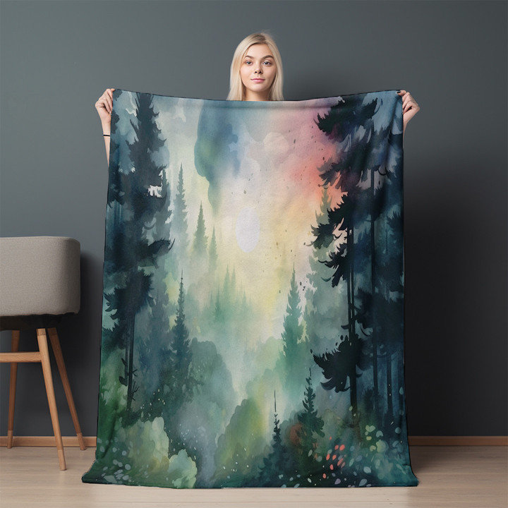 Nostalgic Misty Forest Watercolor Printed Sherpa Fleece Blanket Landscape Design