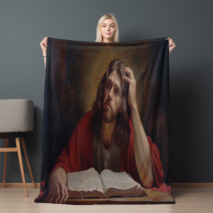 Oil Jesus Christ With Book Printed Sherpa Fleece Blanket