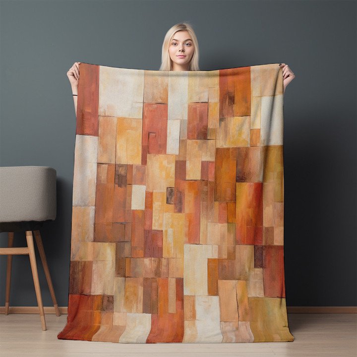 Orange Boho Layered Squares Printed Sherpa Fleece Blanket Geometric Design