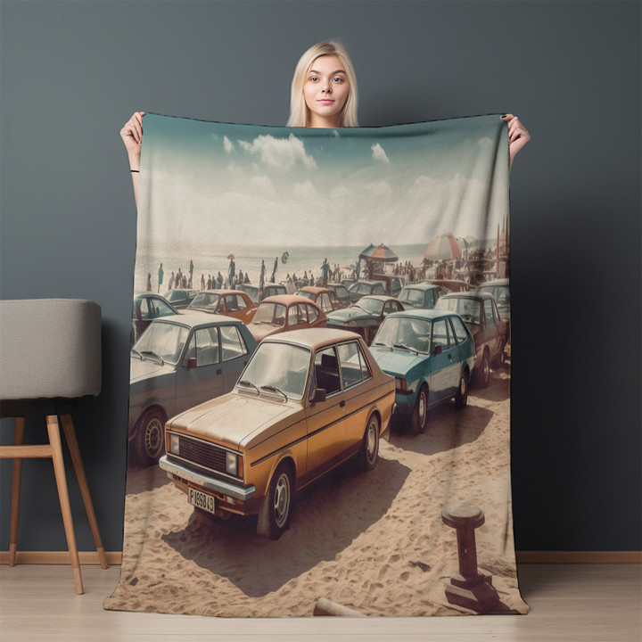 Old School 80s Beach Photo With Cool Cars Retro Printed Sherpa Fleece Blanket