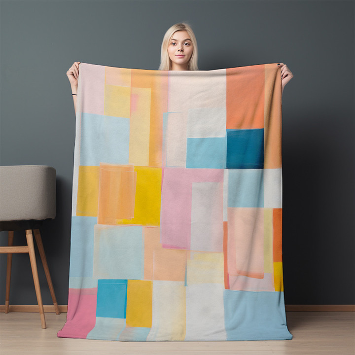Pastel Color Block Printed Sherpa Fleece Blanket Geometric Design