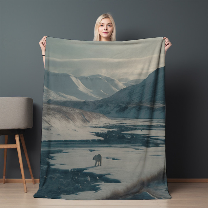 Polar Bear In The Snowy Terrain Printed Sherpa Fleece Blanket Realistic Design