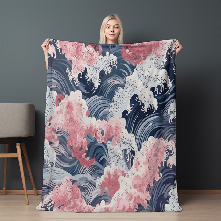 Pink Blue Japanese Waves Printed Sherpa Fleece Blanket Seamless Pattern Design