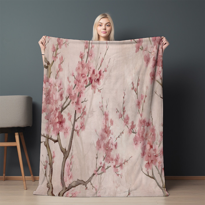 Plum Blossoms Chinoserie Printed Sherpa Fleece Blanket Avignon Floral Design