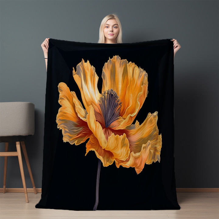 Orange Poppy On Black Printed Sherpa Fleece Blanket Floral Design