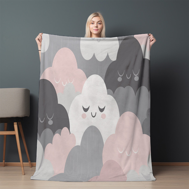 Pink And Grey Clouds In White Printed Sherpa Fleece Blanket For Kids