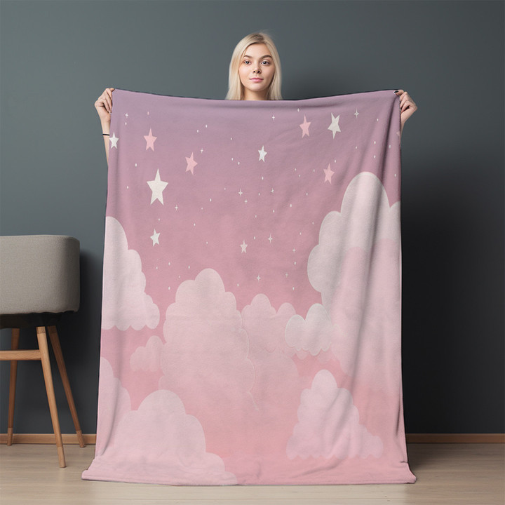 Pink Sky With Stars And Clouds Printed Sherpa Fleece Blanket For Kids