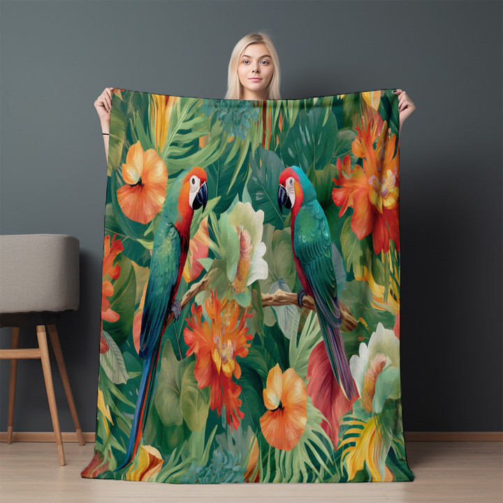 Parrots And Flowers Printed Sherpa Fleece Blanket Summer Animal Design