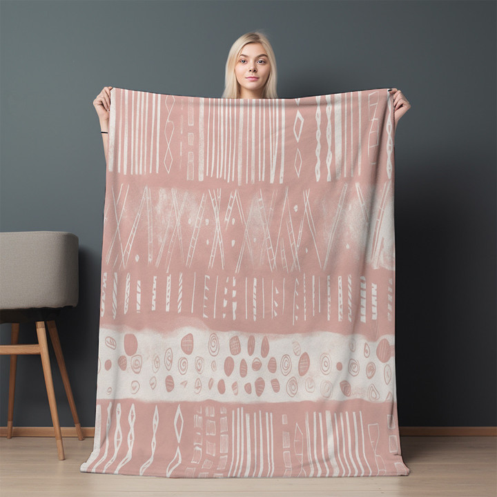 Pink Tribal Printed Sherpa Fleece Blanket In The Style Of Pointillist Dots And Dashes