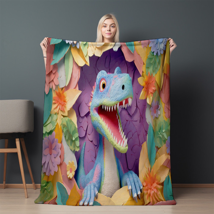 Papercraft Dinosaur Printed Sherpa Fleece Blanket Trompe L'oeil Design For Kids