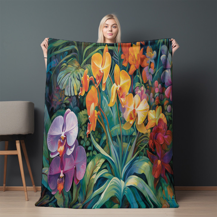 Orchids And Lush Foliage Printed Sherpa Fleece Blanket Floral Design