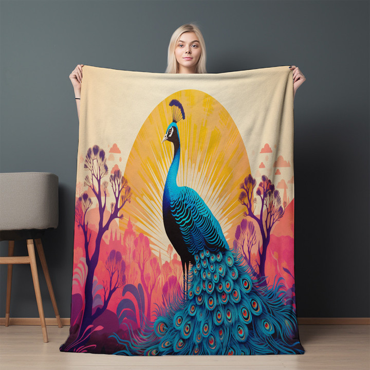 Peacock Risograph Printed Sherpa Fleece Blanket Animal Design