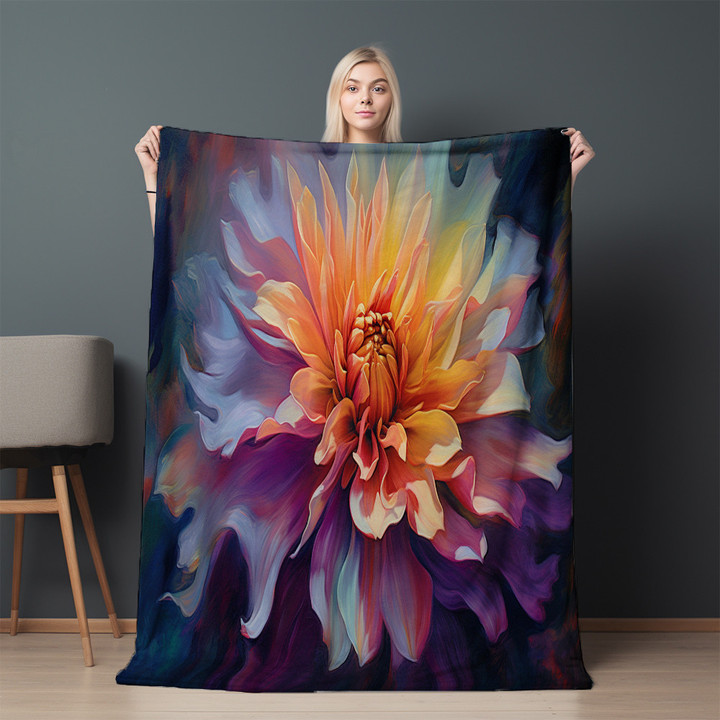 Painting Dahlia Flower Printed Sherpa Fleece Blanket Dark Background Floral Design