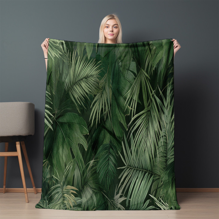Palm Tree Leaves Printed Sherpa Fleece Blanket Detailed Crosshatching