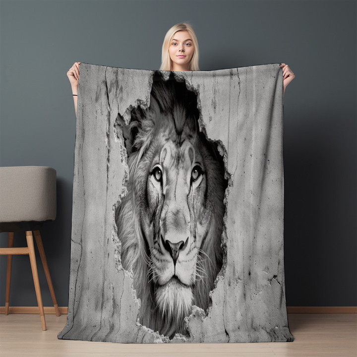 Powerful Lion Through Broken Hole Printed Sherpa Fleece Blanket Trompe L'oeil Design
