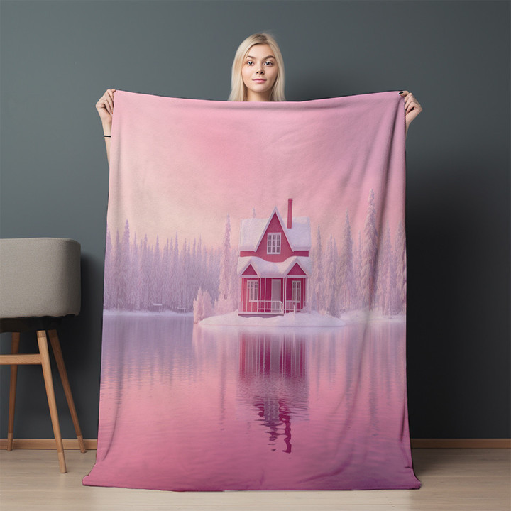 Pink House On Lake Printed Sherpa Fleece Blanket Landscape Design