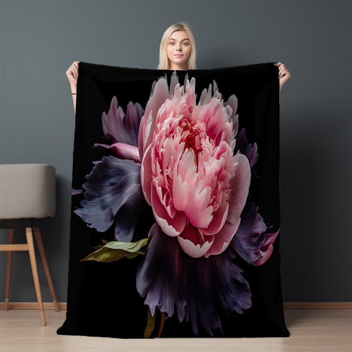 Pink Peony Printed Sherpa Fleece Blanket Dark Background Floral Design