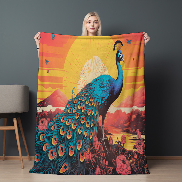 Peacock Sunset Risograph Printed Sherpa Fleece Blanket Animal Design