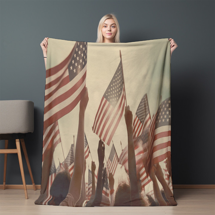 People Waving American Flags Printed Sherpa Fleece Blanket Patriotic Design