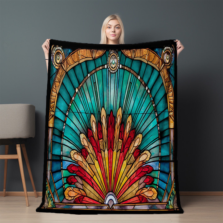 Peacock Feathers Stained Glass Printed Sherpa Fleece Blanket Art Deco Design