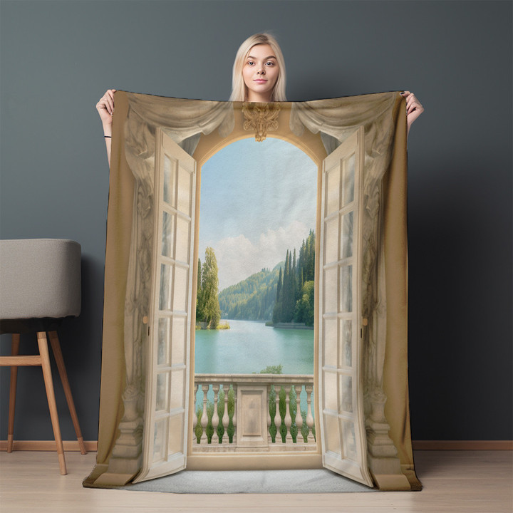 Panoramic View To The Lake And Island In The Distance Printed Sherpa Fleece Blanket