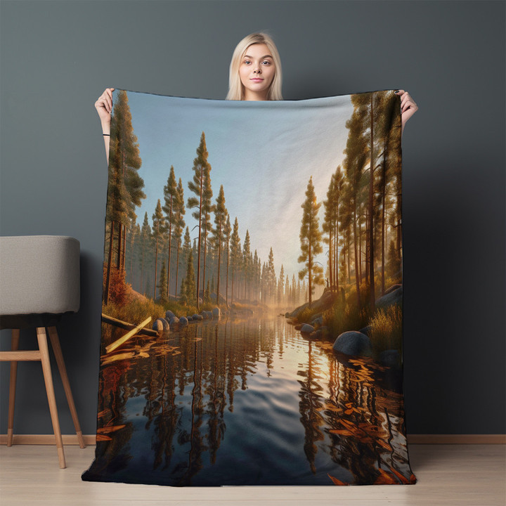 Peaceful Lake Printed Sherpa Fleece Blanket Realistic Landscape Design