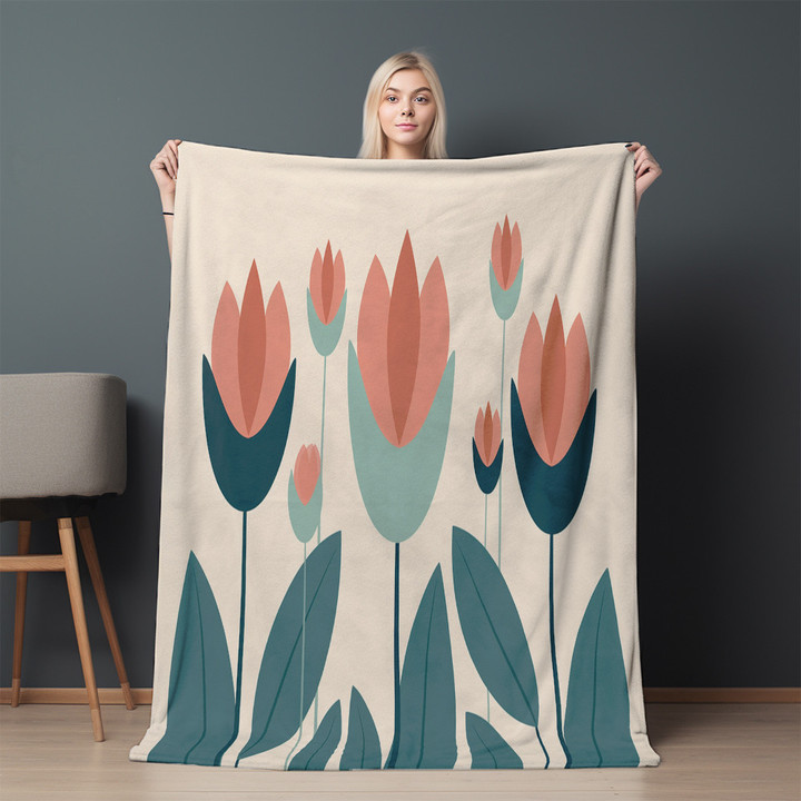 Orange Tulips Printed Sherpa Fleece Blanket Minimalist Floral Design