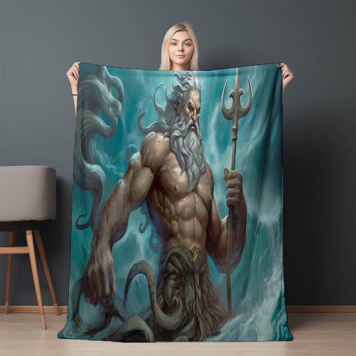 Poseidon In Water Printed Sherpa Fleece Blanket Greek Mythology