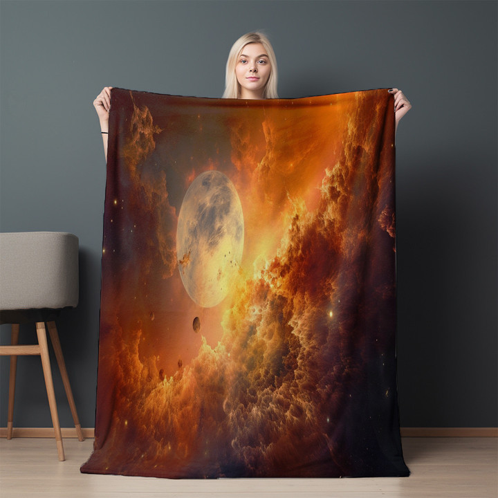 Planet Out Of Space Yellow Palette Printed Sherpa Fleece Blanket Galaxy Design