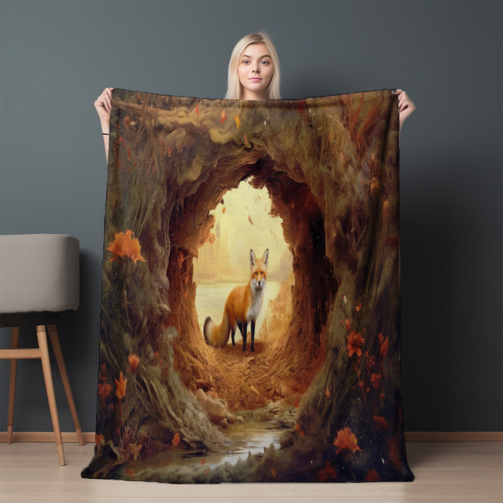 Realistic Fox Through Hole Printed Sherpa Fleece Blanket Animal Design