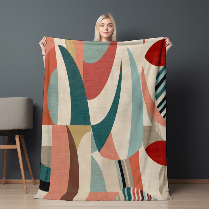 Retro Geometric Patterns Printed Sherpa Fleece Blanket Mid Century Modern Design