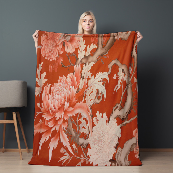 Red Flowers Chinoserie Printed Sherpa Fleece Blanket Avignon Floral Design