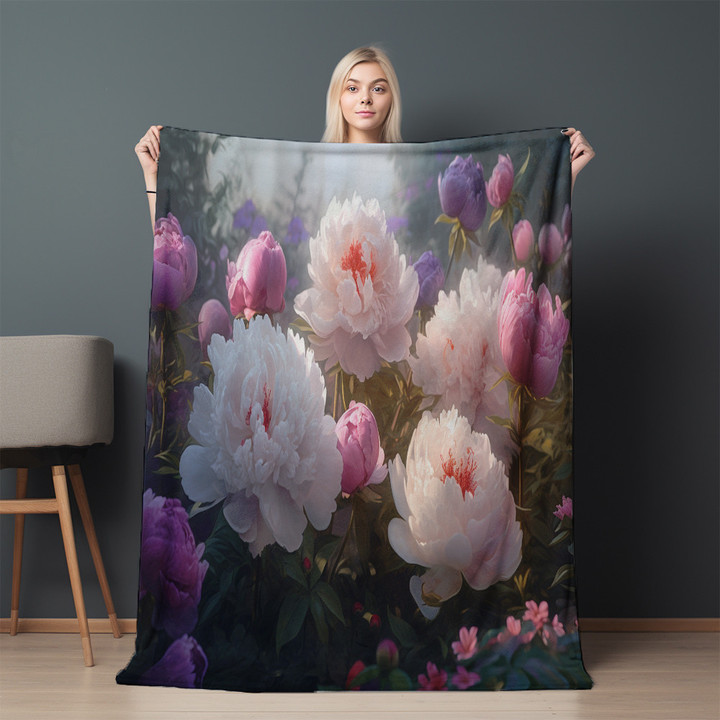 Realistic Flower Peonies Blooming Printed Sherpa Fleece Blanket Floral Design