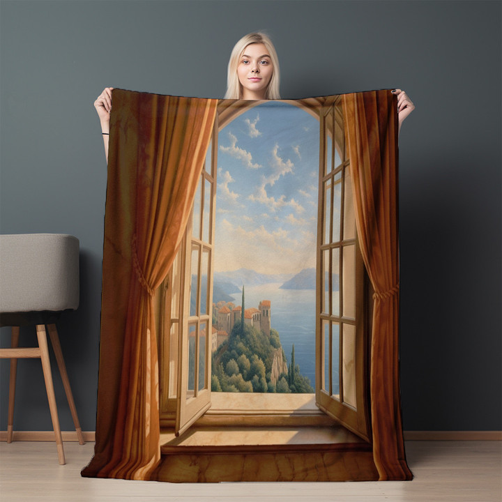 Realistic Window Overlooking Landscape Printed Sherpa Fleece Blanket Trompe L'oeil Design