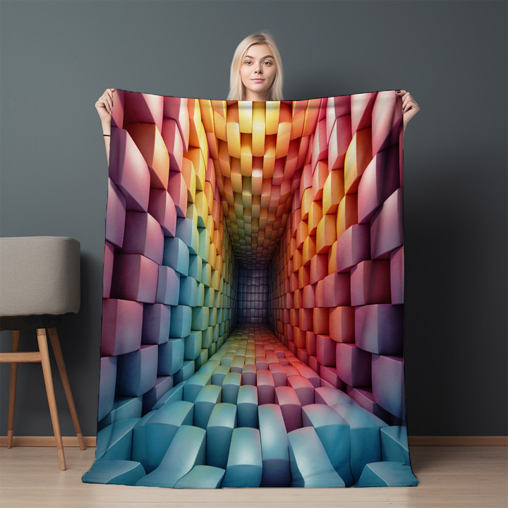 Rainbow Square Optical Printed Sherpa Fleece Blanket Illusion Design