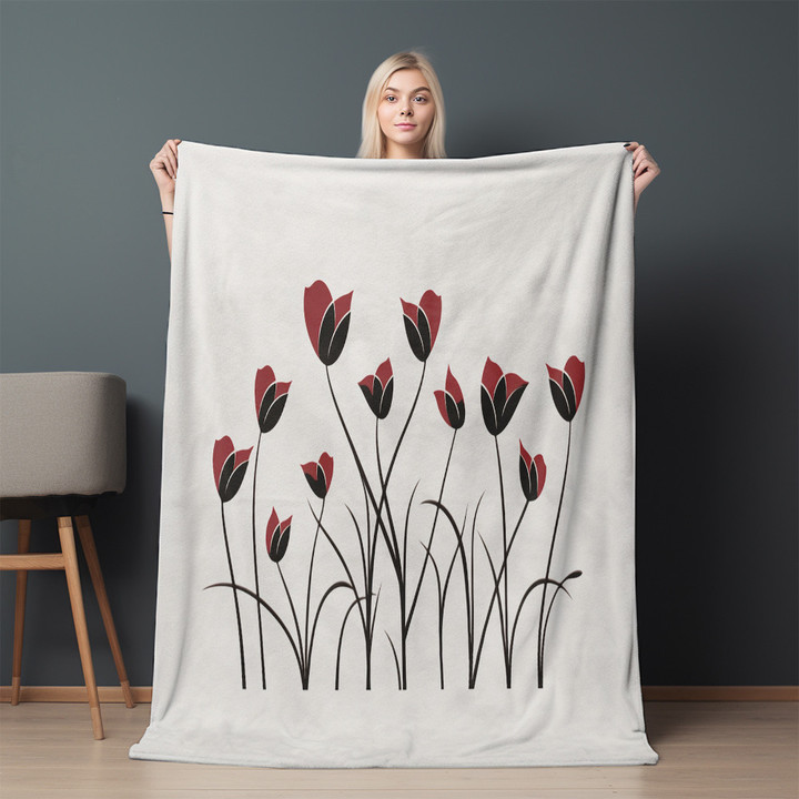 Red Tulips Printed Sherpa Fleece Blanket Minimalist Floral Design